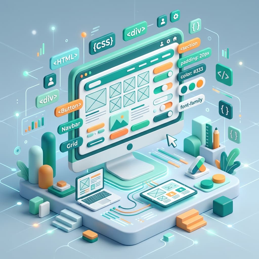 3D responsive web development workstation with HTML and CSS